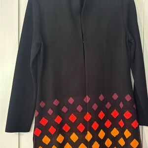 Misook Black cardigan with Red and Orange Diamond Pattern